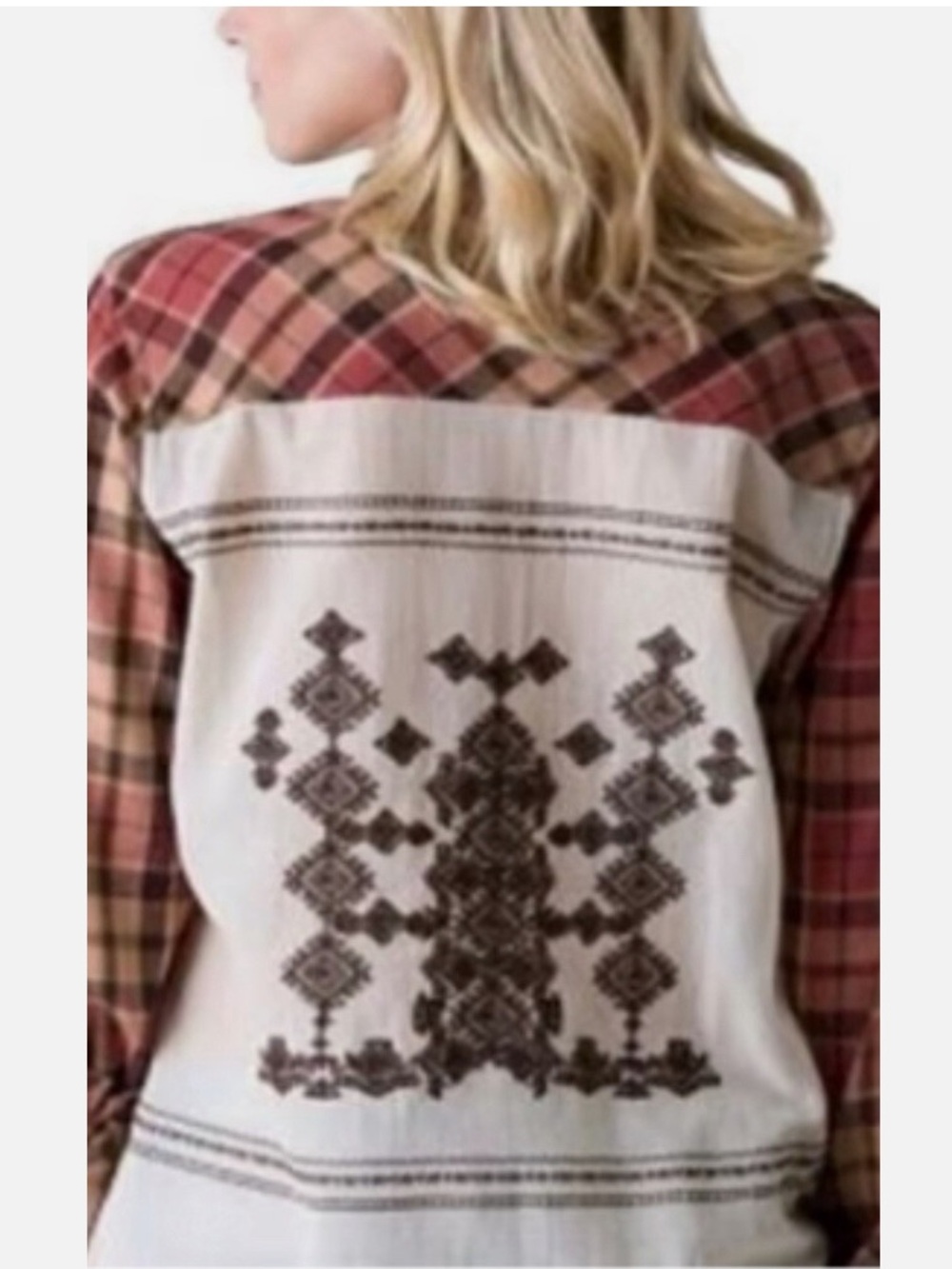 Gimmicks by BKE Beaded Plaid Flannel Shirt Sz M w MEASUREMENTS Cross-Stitch Back